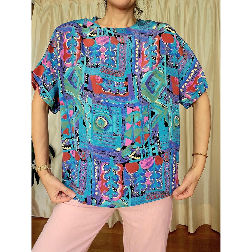 Vintage Abstract Print Colorful Blouse Short Sleeve Top L XL - 80s Art Shirt